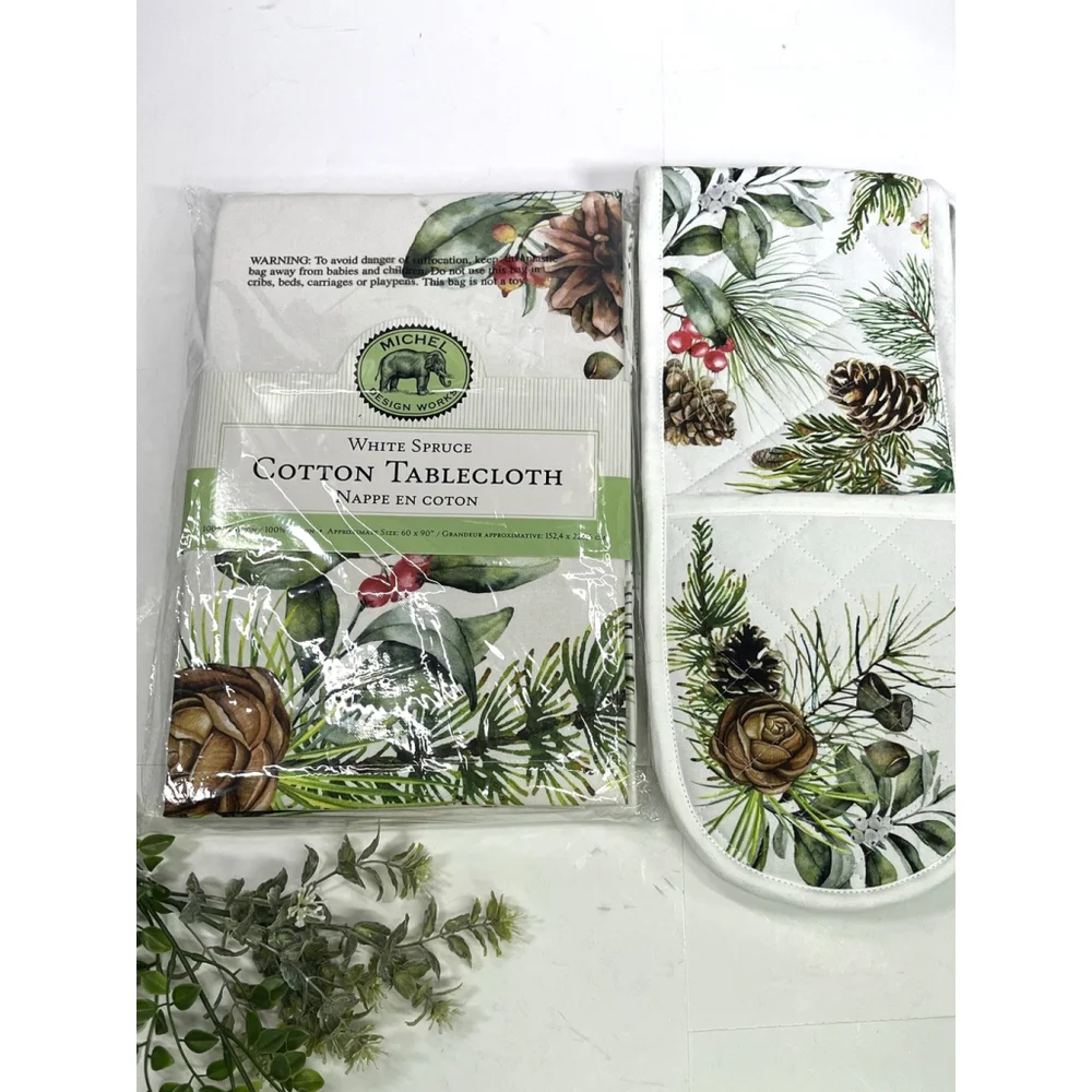 Michel Design Works Set Christmas White‎ Spruce Tablecloth w/ Double Oven Glove